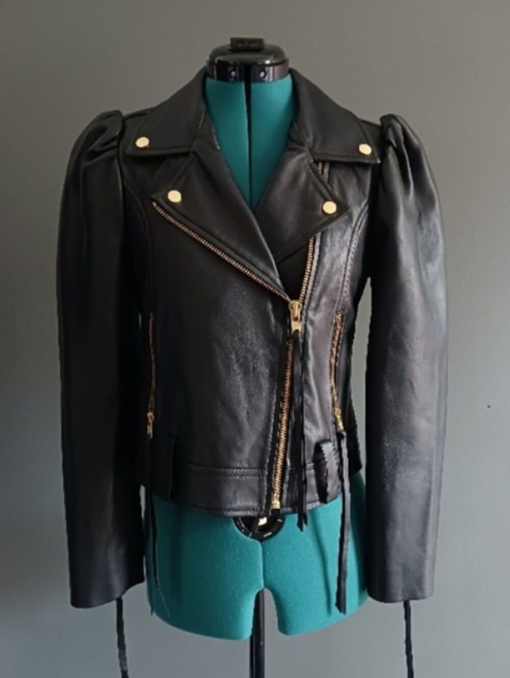 Retrofete Black Leather Puff-Sleeve Moto Jacket Size S